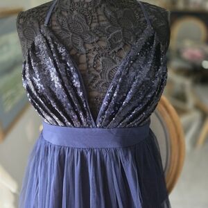 Elegant Navy Sequin Lace Dress